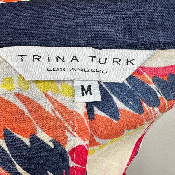 Trina Turk Tunic Blouse Top Silk Floral Bright Blue Orange Yellow Pink Med Boho - Picture 7 of 9